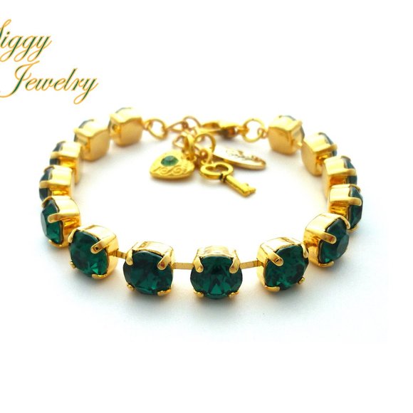 Emerald Green Tennis Bracelet made with Genuine Swarovski crystals Gold Finish - Picture 5 of 10